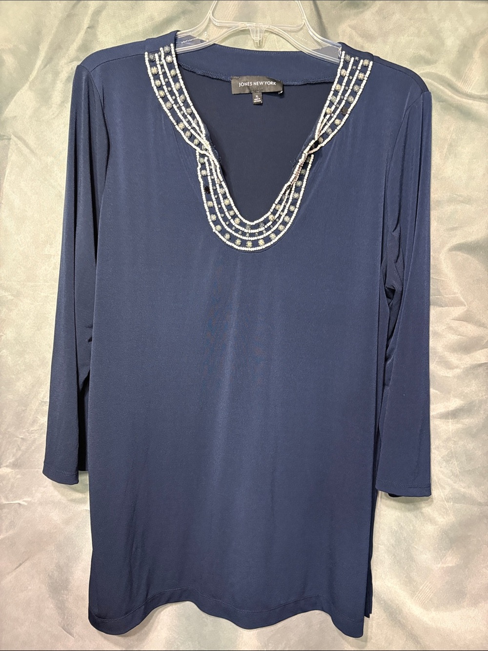 Jones New York Navy V-Neck Tunic with Pearl Bead Trim